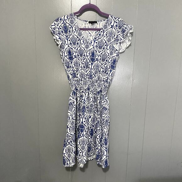 Saks Fifth Avenue Blue Printed Linen Smocked A-line Summer Mini Dress M - Picture 1 of 7